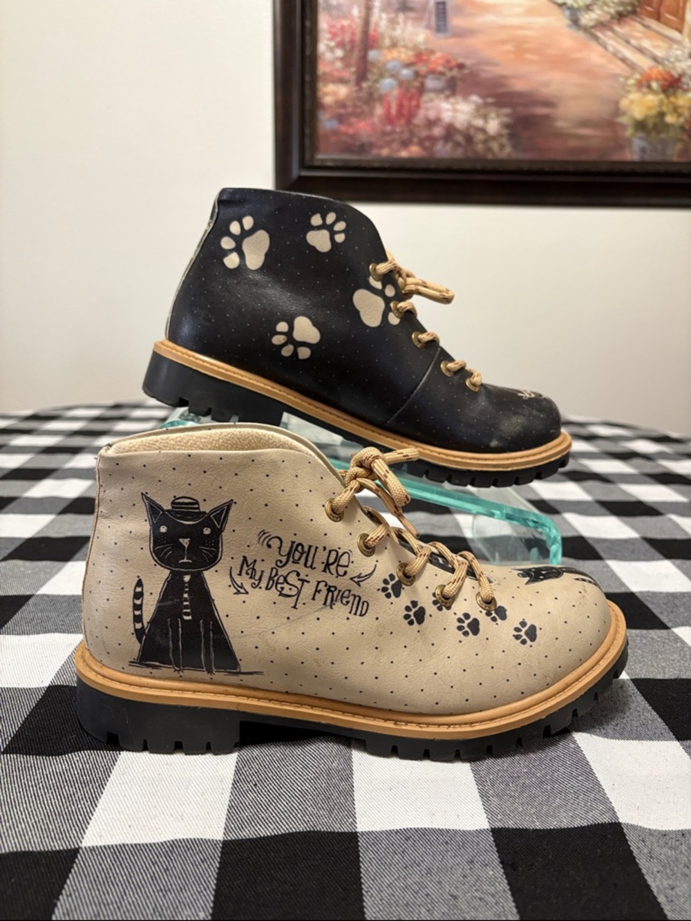 Goby Short Boots Shoes Size 38/US 7.5 Lace Up Cats Paws Black Tan Faux Leather